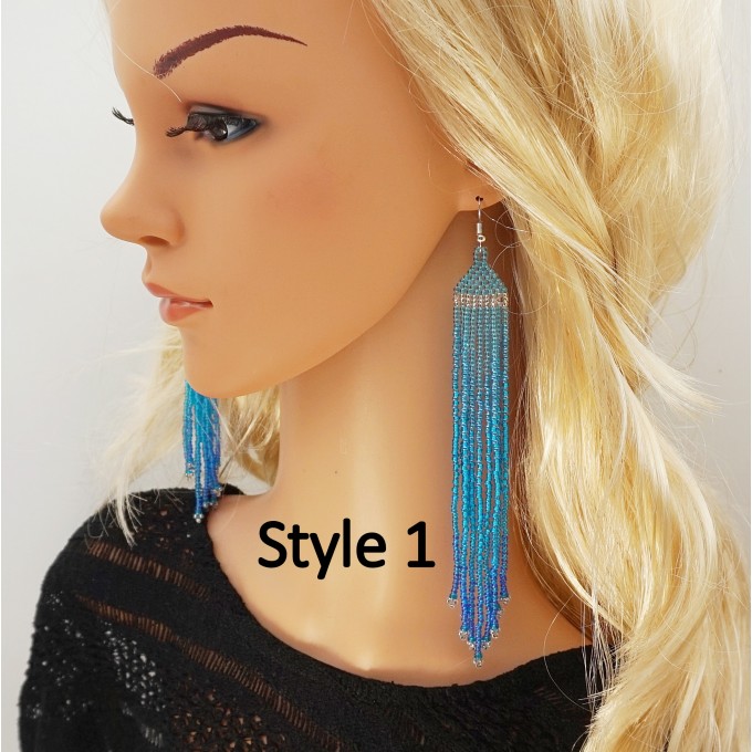 Long Beaded Earrings in Blue Gradient