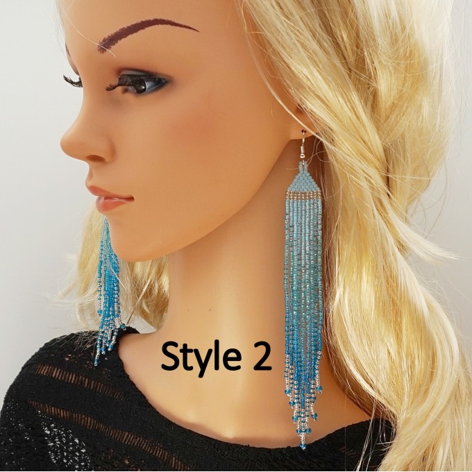Long Beaded Earrings in Blue Gradient