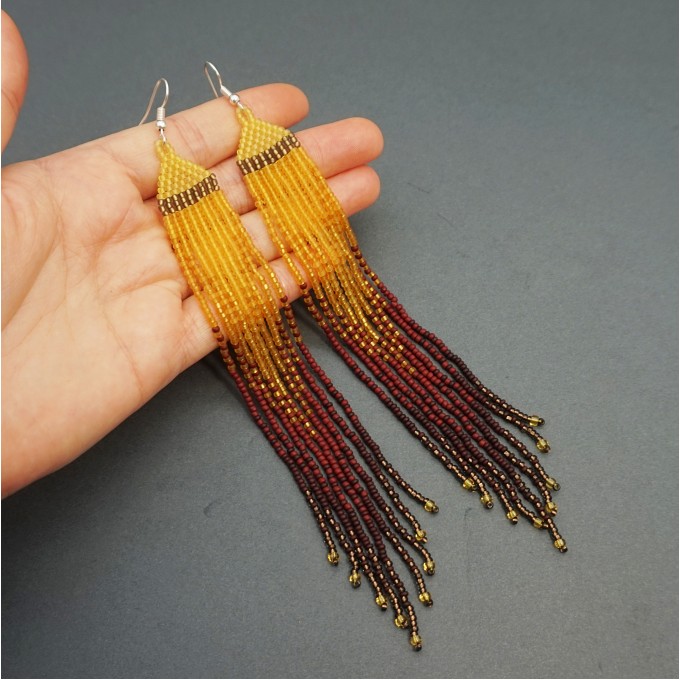 Long Brown Shades Boho Beaded Earrings