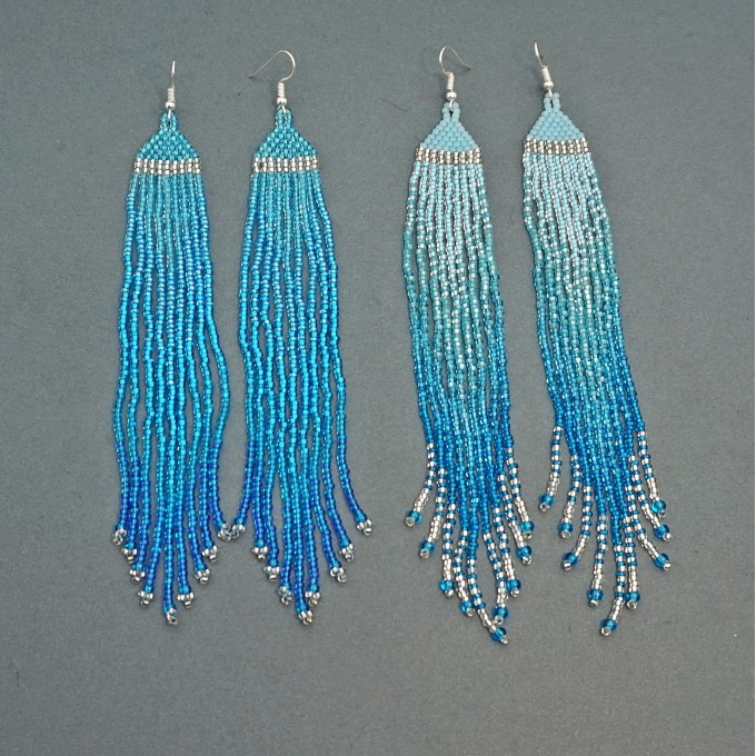 Blue gradient long fringe beaded earrings
