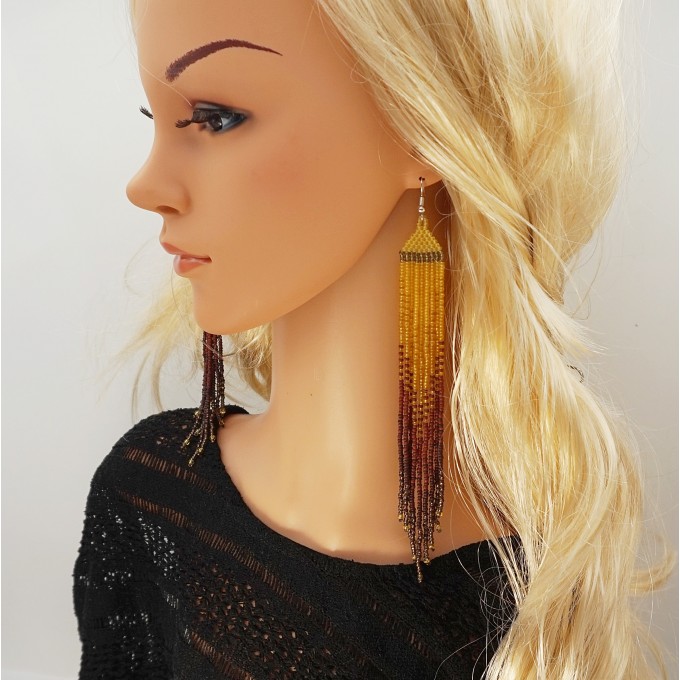 Brown boho beaded long dangle earrings