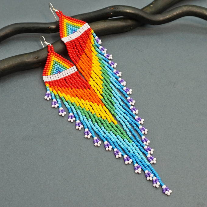 Shoulder Duster Beaded Earrings with Fringe in Rainbow Colors
