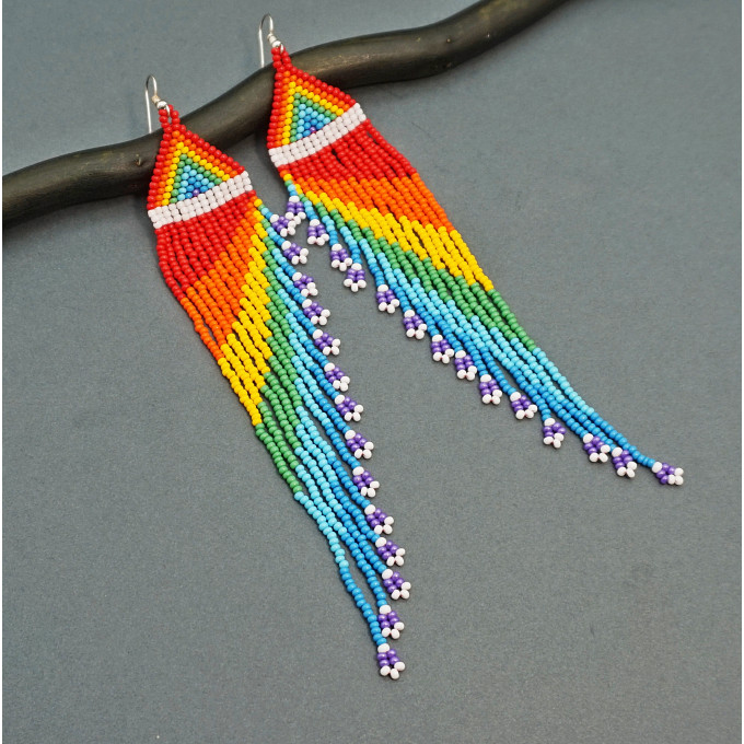 Shoulder Duster Beaded Earrings with Fringe in Rainbow Colors
