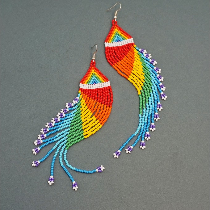 Shoulder Duster Beaded Earrings with Fringe in Rainbow Colors
