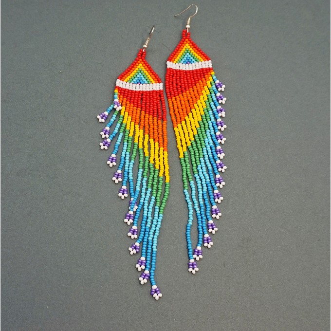 Shoulder Duster Beaded Earrings with Fringe in Rainbow Colors
