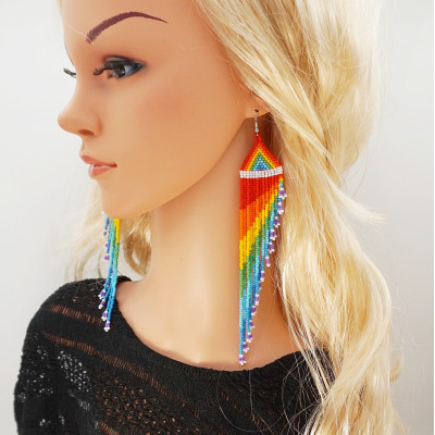Shoulder Duster Beaded Earrings with Fringe in Rainbow Colors
