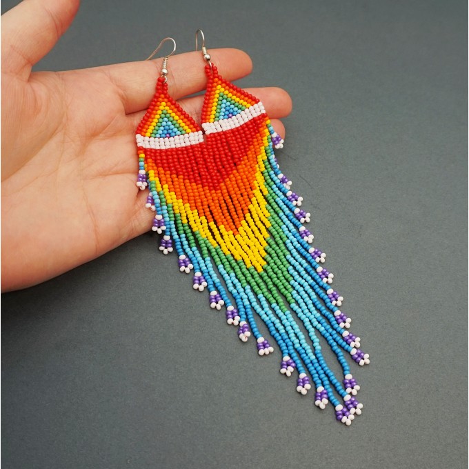 Shoulder Duster Beaded Earrings with Fringe in Rainbow Colors

