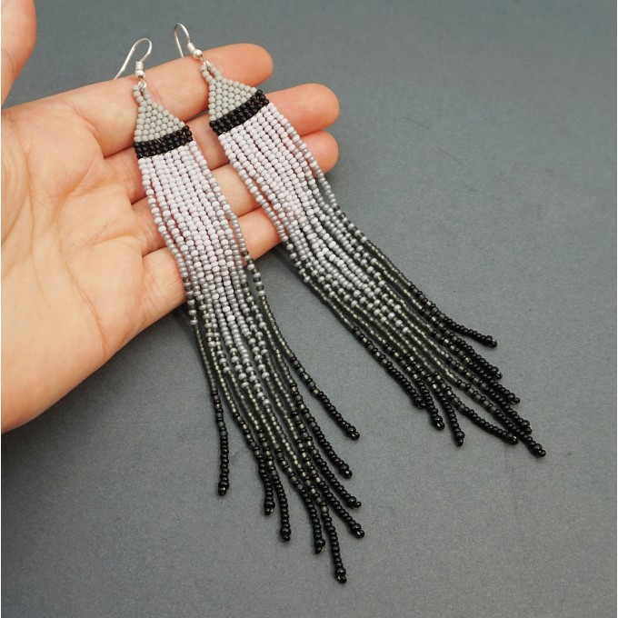 Long Beaded Earrings in Shades of Gray