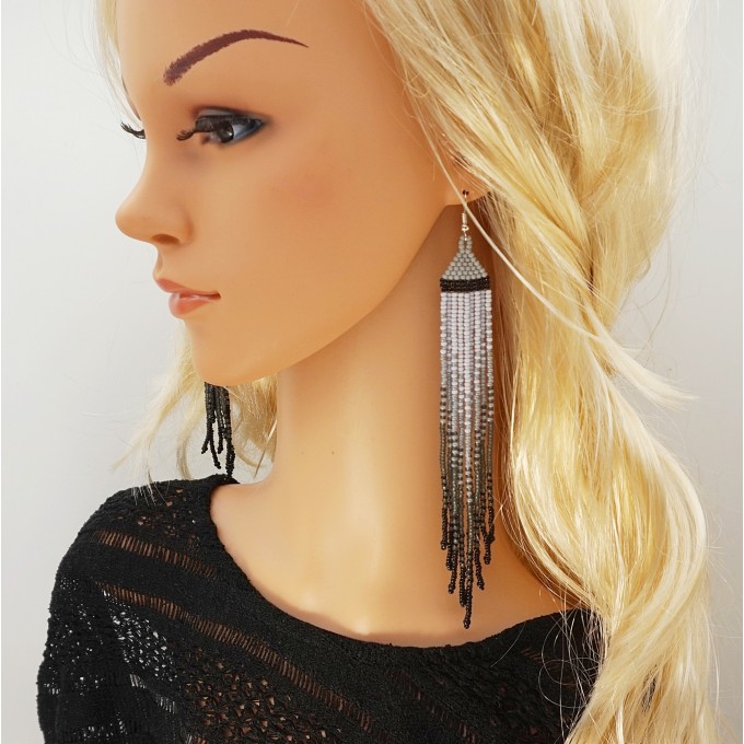 Gray boho long dangle beaded earrings