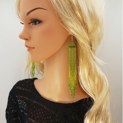 Long Beaded Earrings in Lime Green Gradient