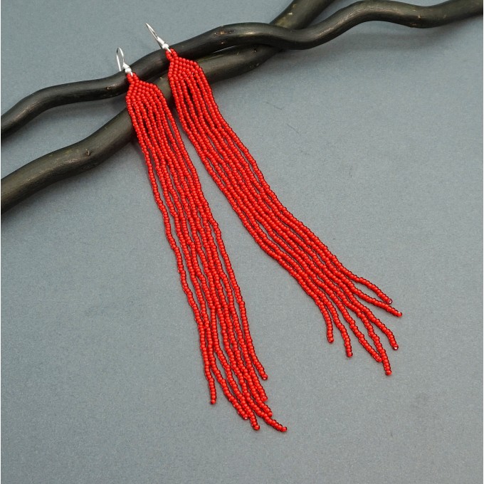 Extra Long Red Beaded Earrings