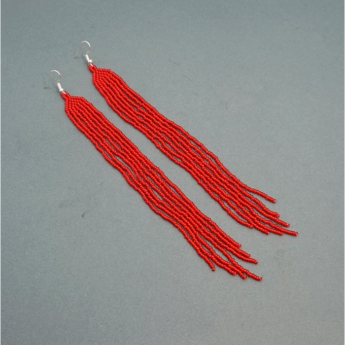 Extra Long Red Beaded Earrings