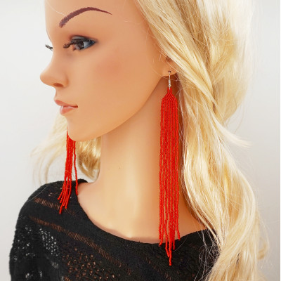 Extra Long Red Beaded Earrings
