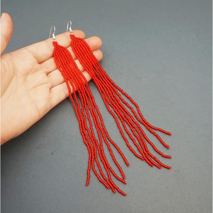 Extra Long Red Beaded Earrings