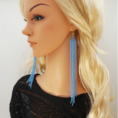 Long Light Blue Beaded Earrings