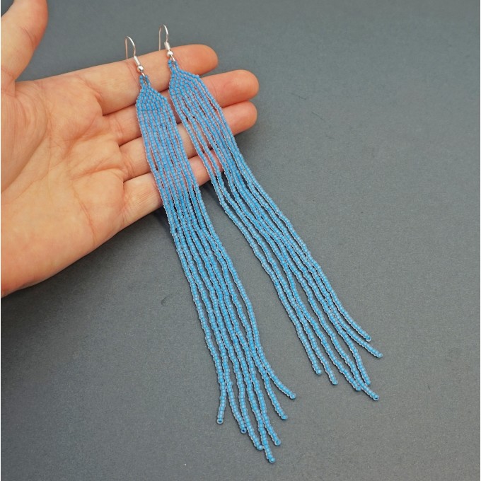 Long Light Blue Beaded Earrings