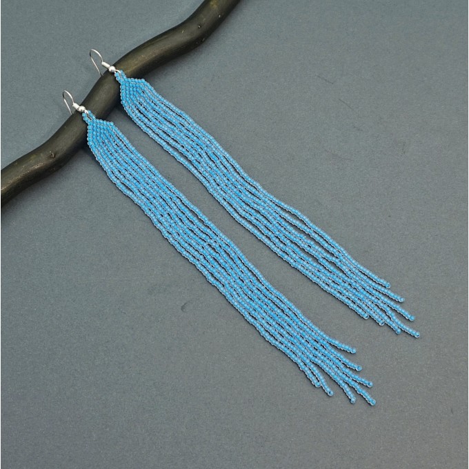 Long Light Blue Beaded Earrings