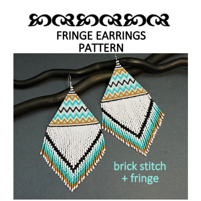Beaded Earrings Fringe Pattern - Turquoise-White Design 69