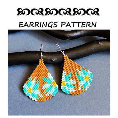 Blue Flower on Brown Drop Beaded Earrings Pattern