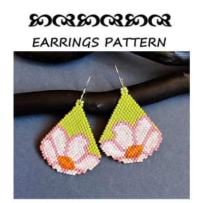 Pink Flower on Chartreuse Drop Beaded Earrings Pattern by Galiga Jewelry