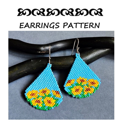 Handmade Yellow Flower on Blue Drop Beaded Earrings Pattern