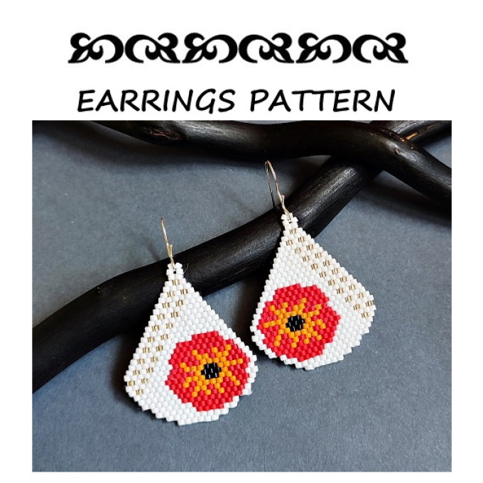 Red Poppy Flower Drop Beaded Earrings Pattern for Beading