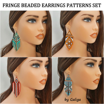Fringe Beaded Earrings Patterns Set of 4 - Ethnic Motives