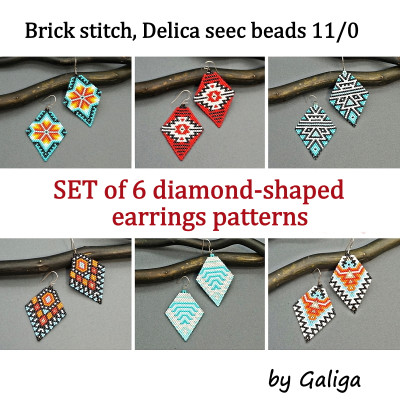 Native Style Diamond Shaped Beaded Earrings Patterns Set of 6
