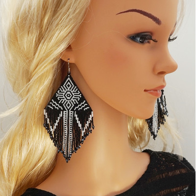 Oversized Statement Beaded Earrings in Black and White Original Design by Galiga Jewelry