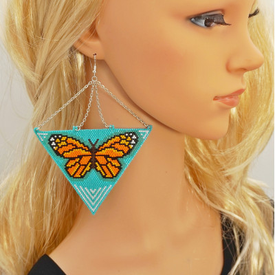 Orange Butterfly on Turquoise Triangle Dangle Oversized Earrings - Galiga Jewelry