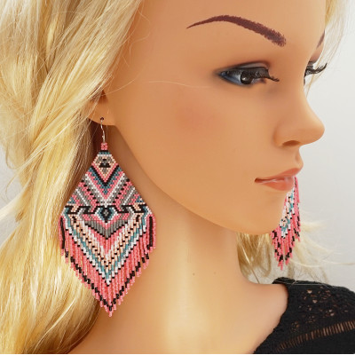 Oversized Beaded Earrings with Fringe in Pink Carnation Shades by Galiga Jewelr