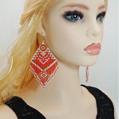 Extra Large Statement Beaded Earrings in Vermilion Color