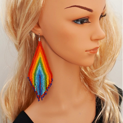 Rainbow Colors Oversized Beaded Earrings with Fringe by 