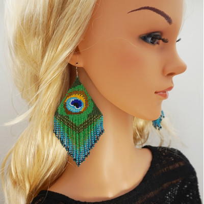 Peacock Feather Oversized Statement Beaded Earrings - Galiga Jewelry