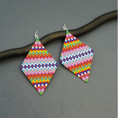 Colorful oversized rhomb beaded earrings