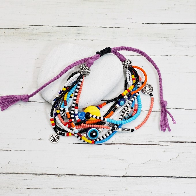 Colorful Boho Beaded Multistrand Bracelet with Evil Eye Charms