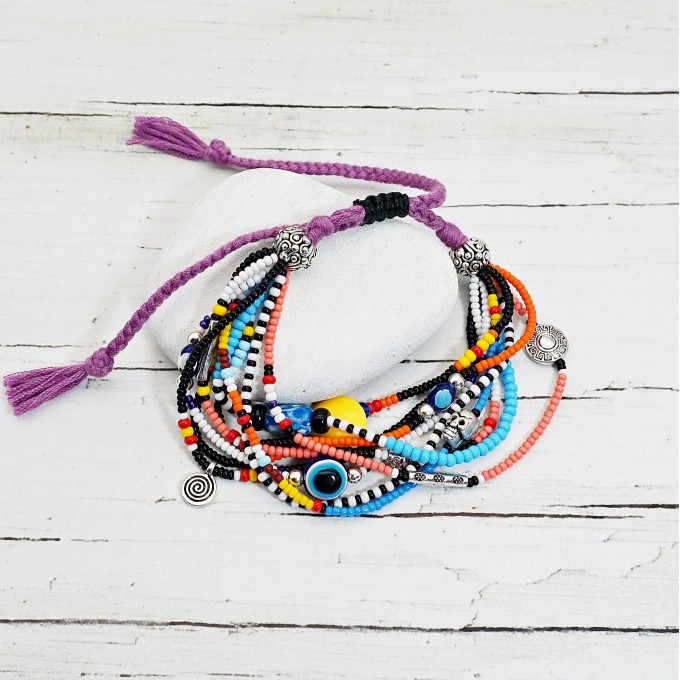 Colorful Boho Beaded Multistrand Bracelet with Evil Eye Charms