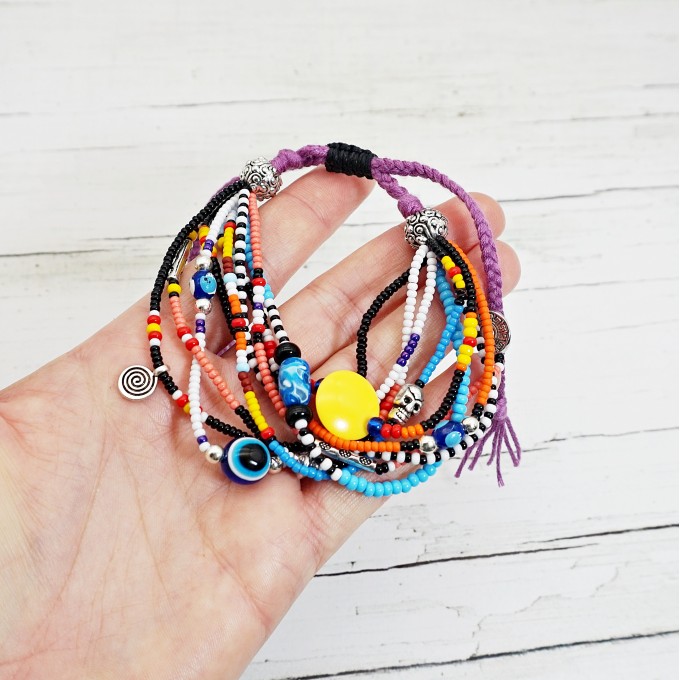 Colorful Boho Beaded Multistrand Bracelet with Evil Eye Charms