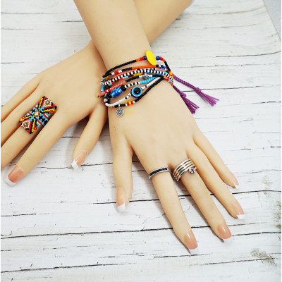Colorful Boho Beaded Multistrand Bracelet with Evil Eye Charms