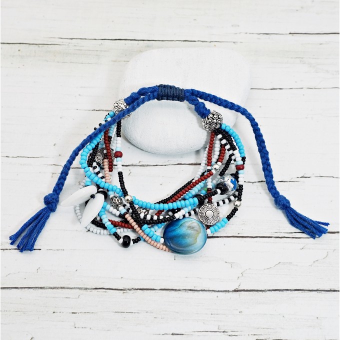 Boho Beaded Multistrand Bracelet in Blue and Brown