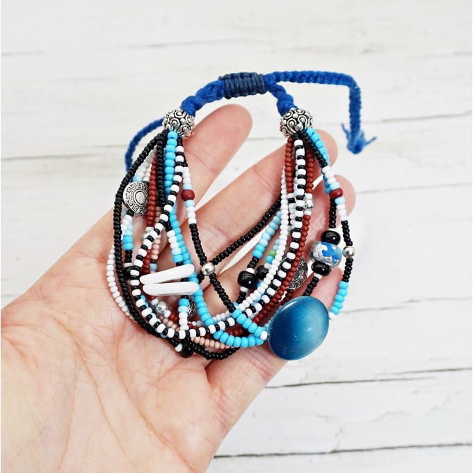 Boho Beaded Multistrand Bracelet in Blue and Brown