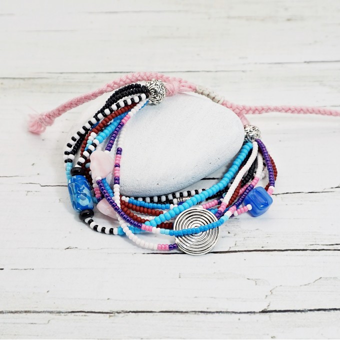 Pink Purple Blue Shades Boho Beaded Multistrand Bracelet with Glass Beads