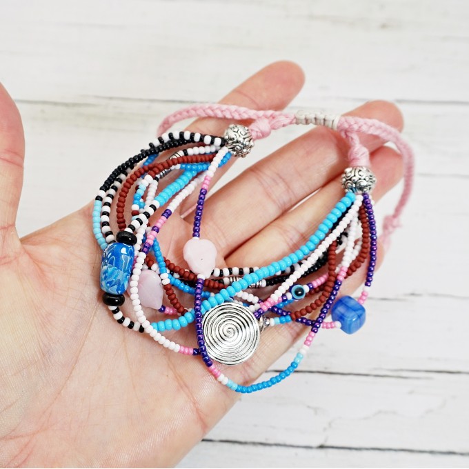Pink Purple Blue Shades Boho Beaded Multistrand Bracelet with Glass Beads