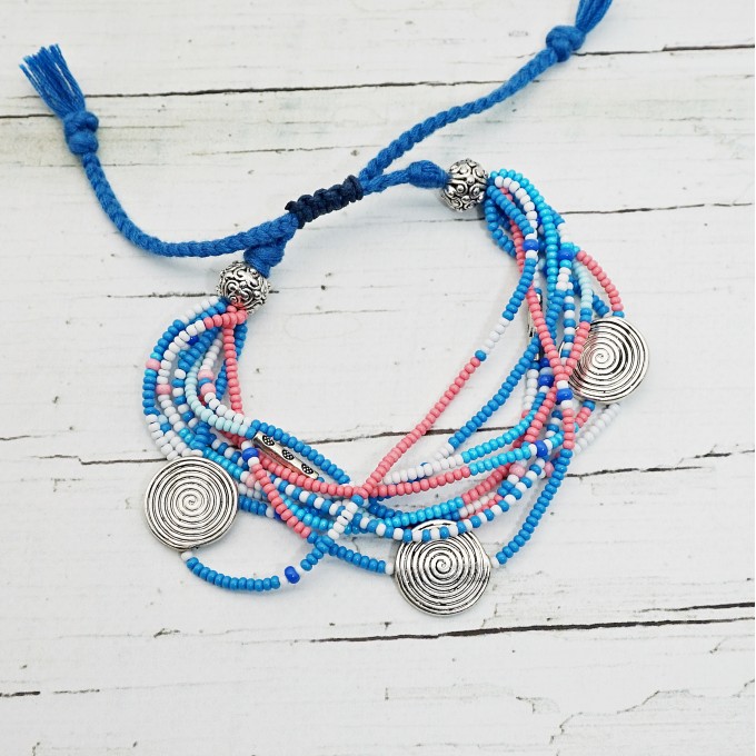 Delicate Blue and Pink Glamour Beaded Multistrand Bracelet with Silver Charms