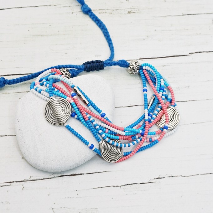 Delicate Blue and Pink Glamour Beaded Multistrand Bracelet with Silver Charms