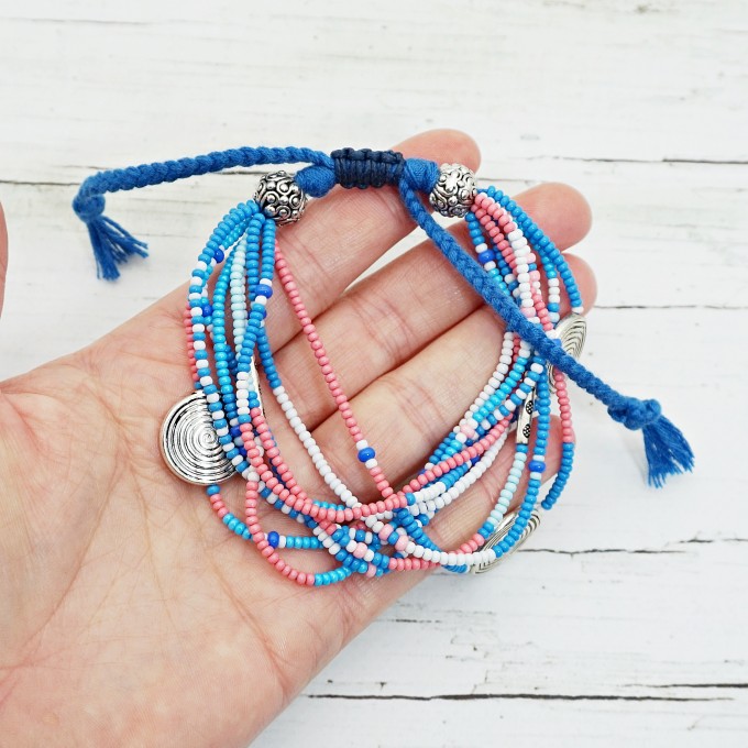 Delicate Blue and Pink Glamour Beaded Multistrand Bracelet with Silver Charms