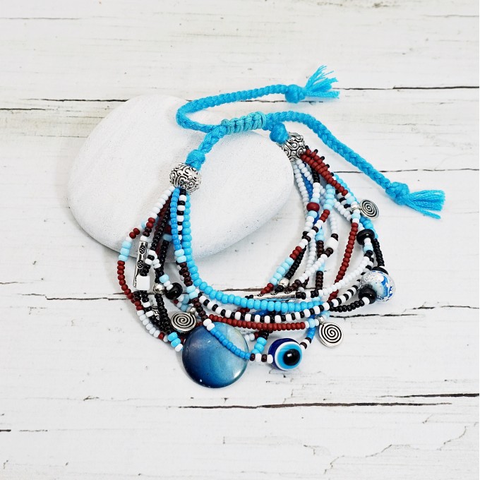 Multistrand Evil Eye Bracelet in Blue and Brown