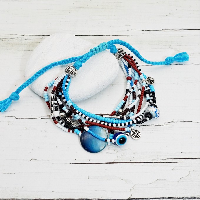 Multistrand Evil Eye Bracelet in Blue and Brown