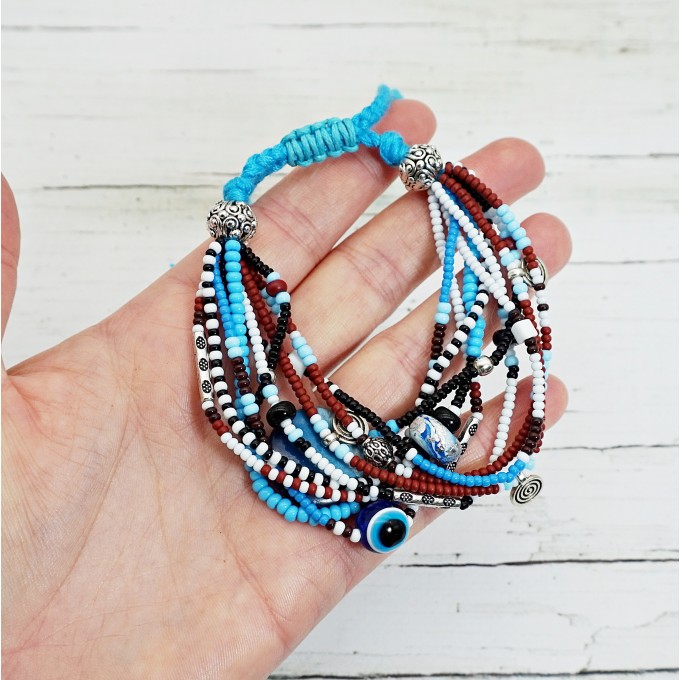 Multistrand Evil Eye Bracelet in Blue and Brown