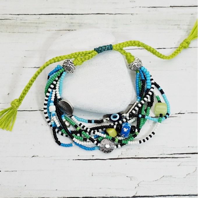 Lime Green Evil Eye Boho Bracelet Adjustable Size